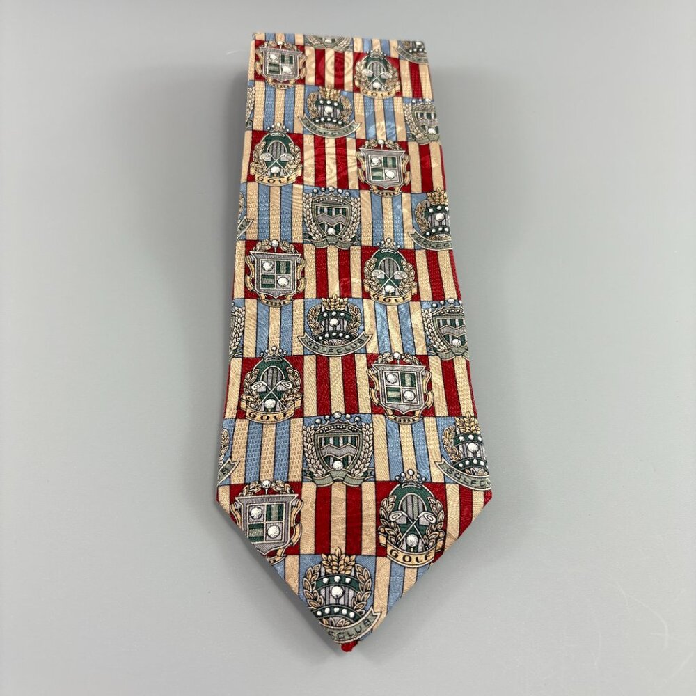 Corporate Casual Van Heusen Maroon / Tan Golf Club Crests Men's Tie 4" x 58" VTG